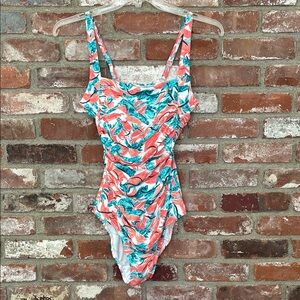 L.L. Bean Women's One Piece Swimsuit - Coral and Teal Floral